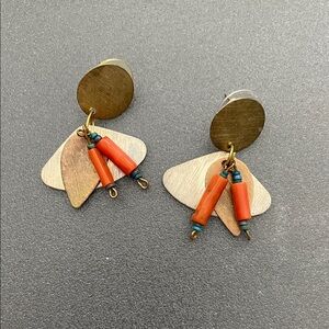 Vintage Gold and Orange Handmade Geometric Earrings. Various metals and coral.